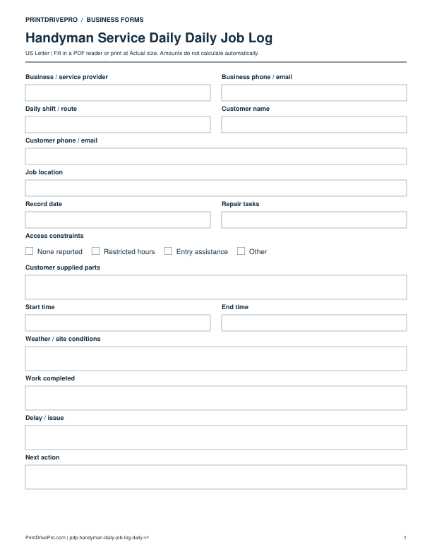 Preview of Handyman Service Daily Daily Job Log