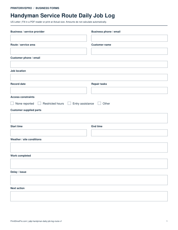 Preview of Handyman Service Route Daily Job Log