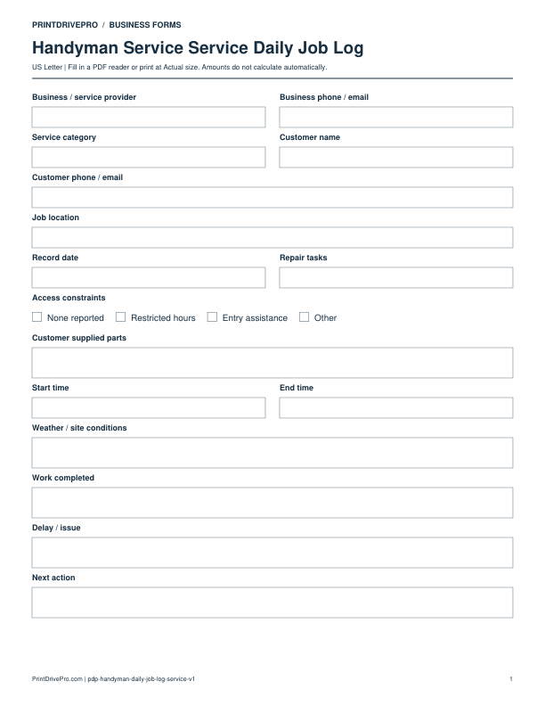 Preview of Handyman Service Service Daily Job Log