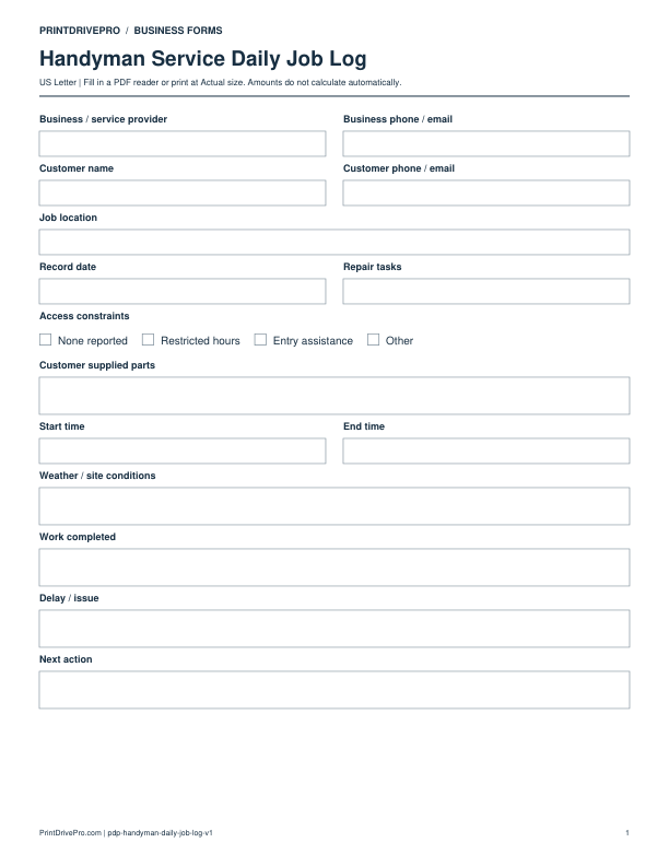 Preview of Handyman Service Daily Job Log