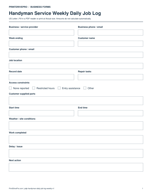 Preview of Handyman Service Weekly Daily Job Log