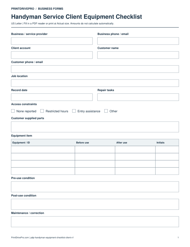 Preview of Handyman Service Client Equipment Checklist