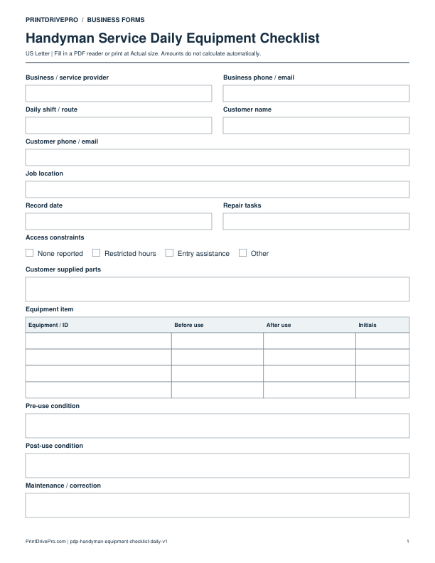 Preview of Handyman Service Daily Equipment Checklist