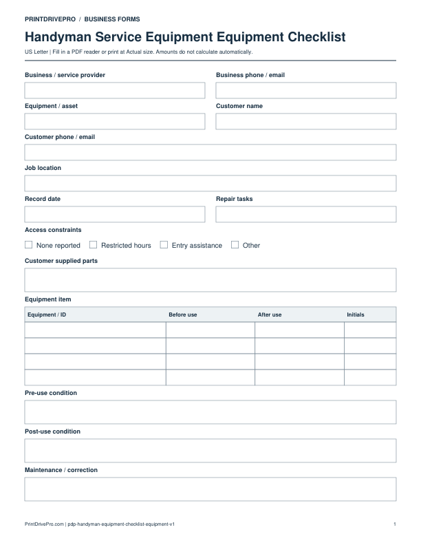 Preview of Handyman Service Equipment Equipment Checklist