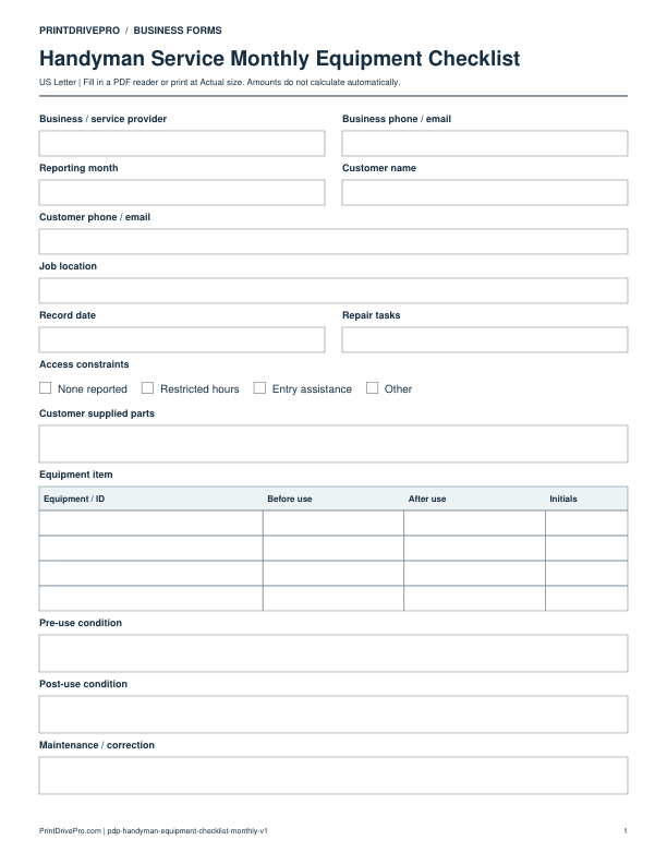 Preview of Handyman Service Monthly Equipment Checklist