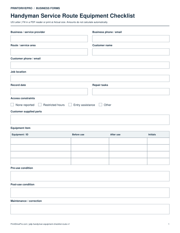 Preview of Handyman Service Route Equipment Checklist
