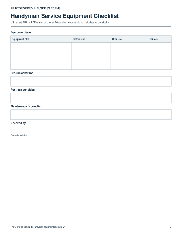 Page 2 of Handyman Service Equipment Checklist Printable