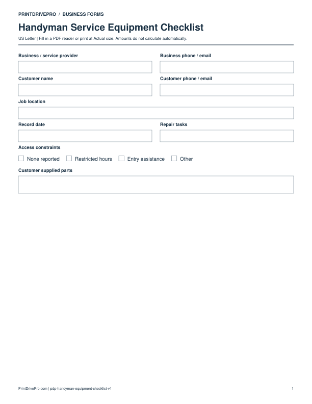 Preview of Handyman Service Equipment Checklist