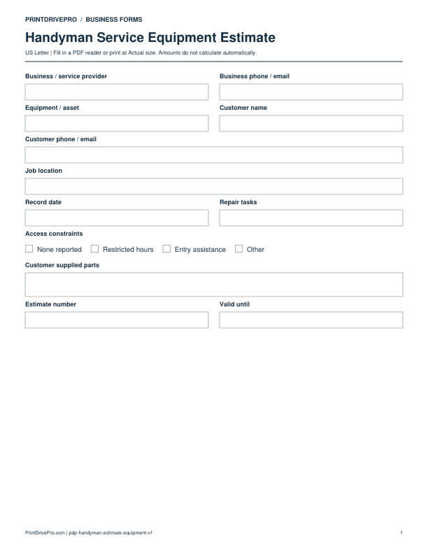 Preview of Handyman Service Equipment Estimate