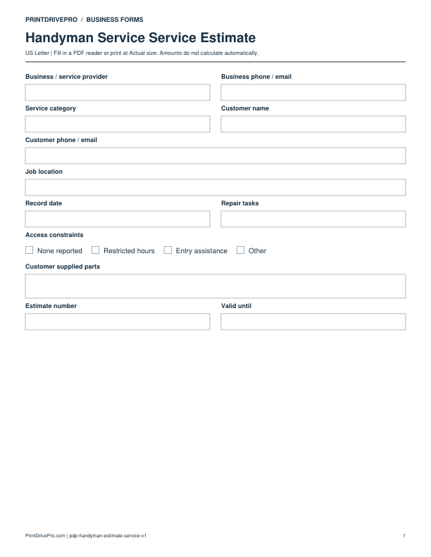 Preview of Handyman Service Service Estimate