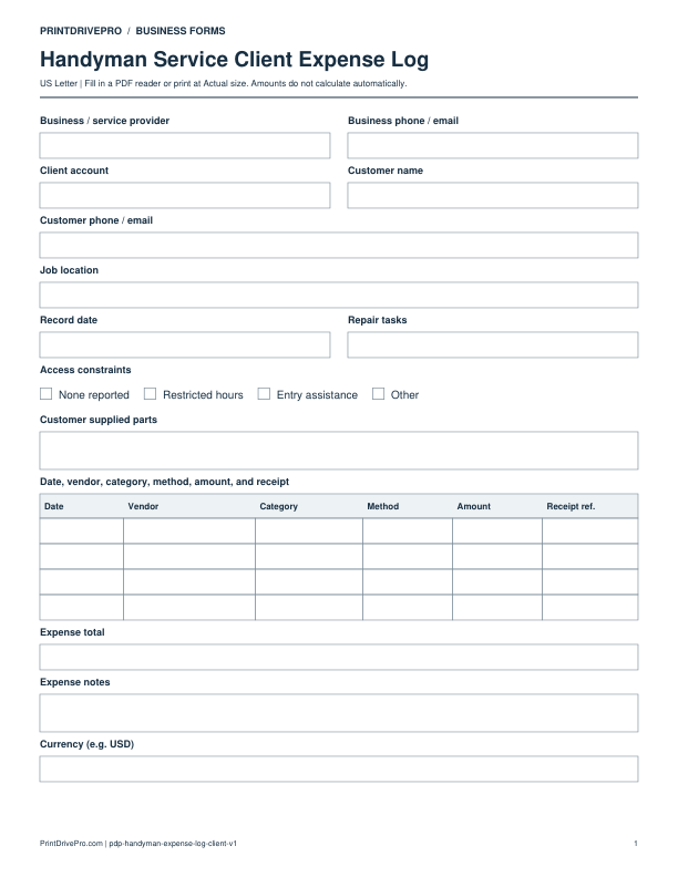 Preview of Handyman Service Client Expense Log