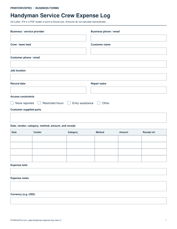 Preview of Handyman Service Crew Expense Log