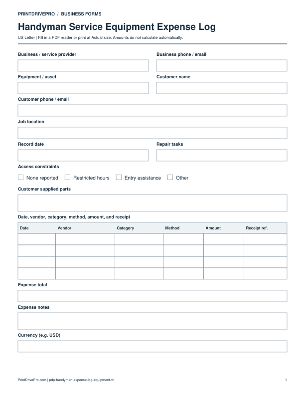 Preview of Handyman Service Equipment Expense Log
