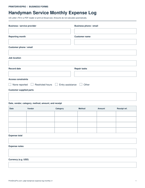 Preview of Handyman Service Monthly Expense Log