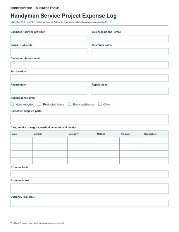 Preview of Handyman Service Project Expense Log