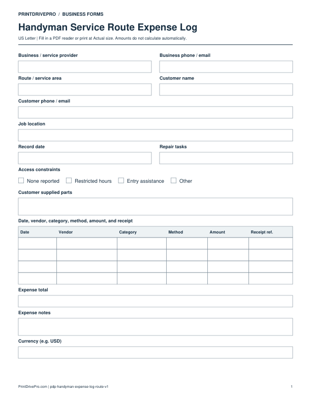 Preview of Handyman Service Route Expense Log