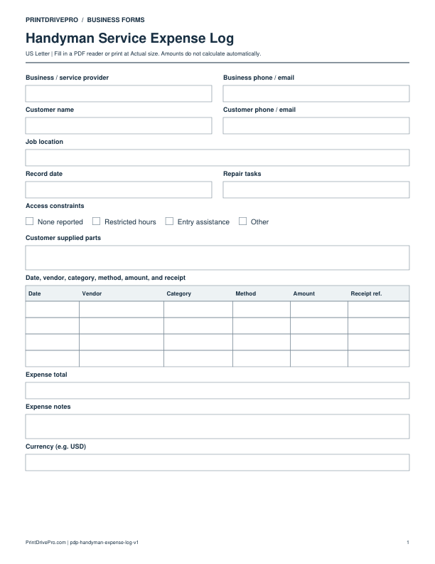 Preview of Handyman Service Expense Log