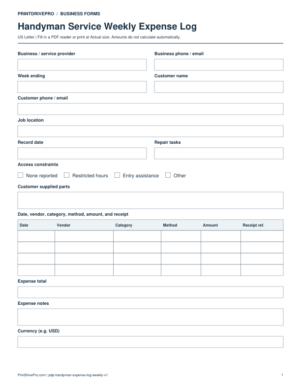 Preview of Handyman Service Weekly Expense Log