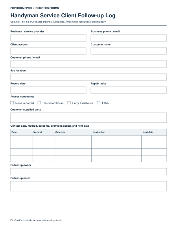 Preview of Handyman Service Client Follow-up Log