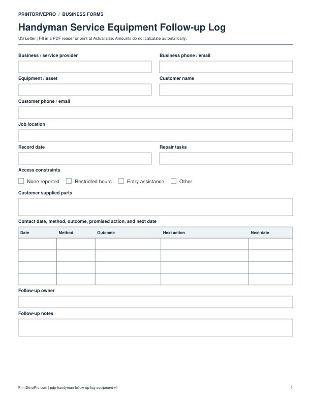 Preview of Handyman Service Equipment Follow-up Log