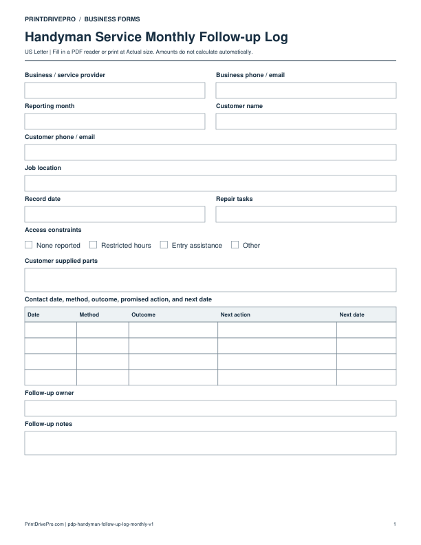 Preview of Handyman Service Monthly Follow-up Log