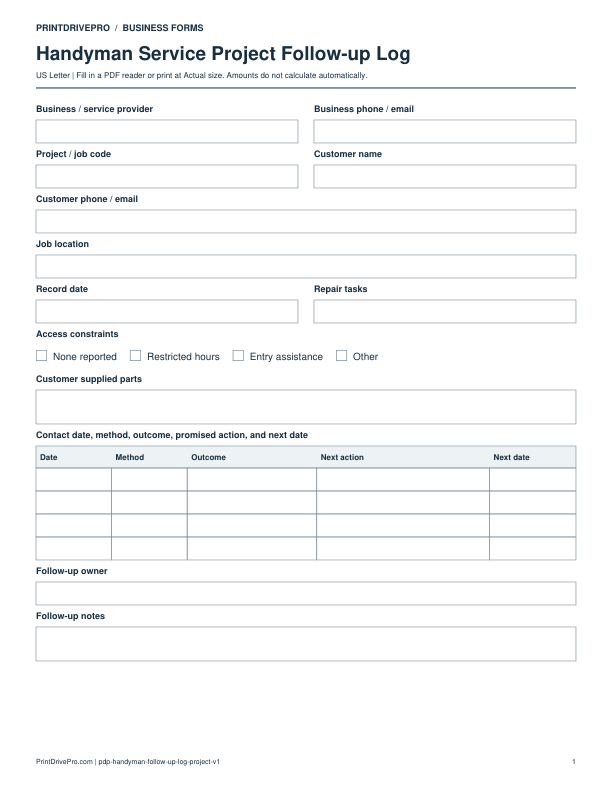 Preview of Handyman Service Project Follow-up Log