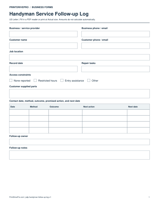 Preview of Handyman Service Follow-up Log
