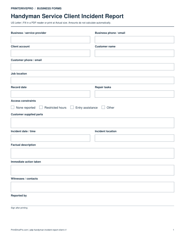 Preview of Handyman Service Client Incident Report