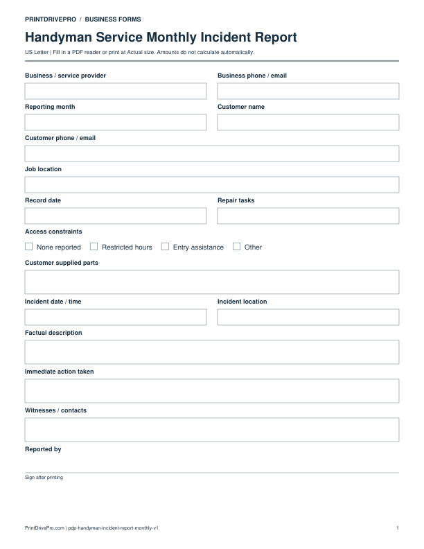 Preview of Handyman Service Monthly Incident Report