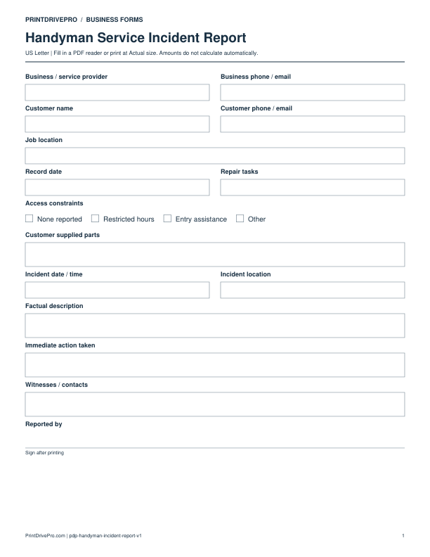 Preview of Handyman Service Incident Report