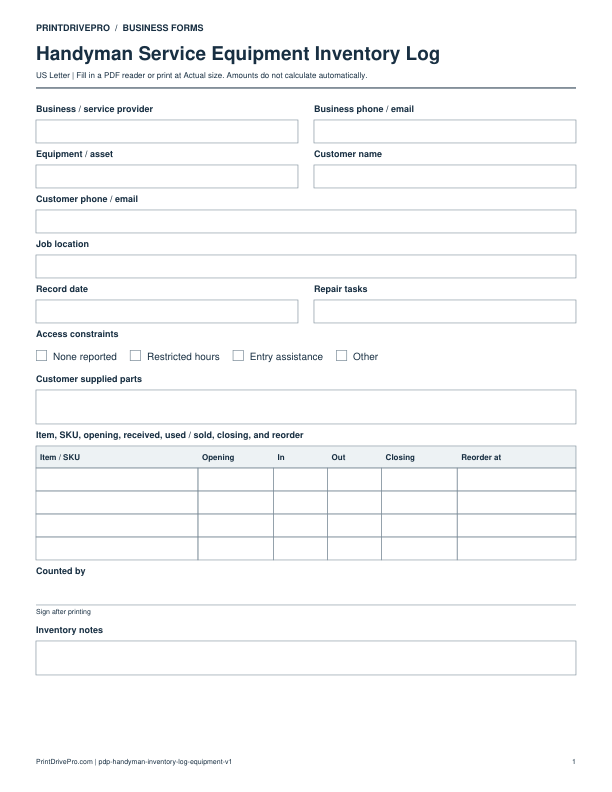 Preview of Handyman Service Equipment Inventory Log