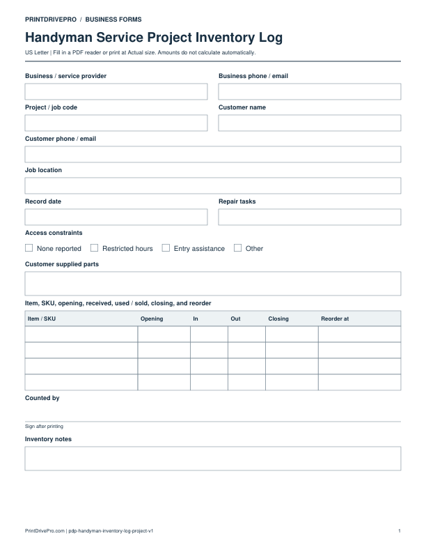 Preview of Handyman Service Project Inventory Log