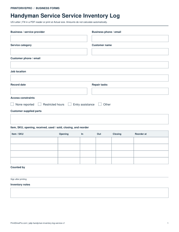 Preview of Handyman Service Inventory Log