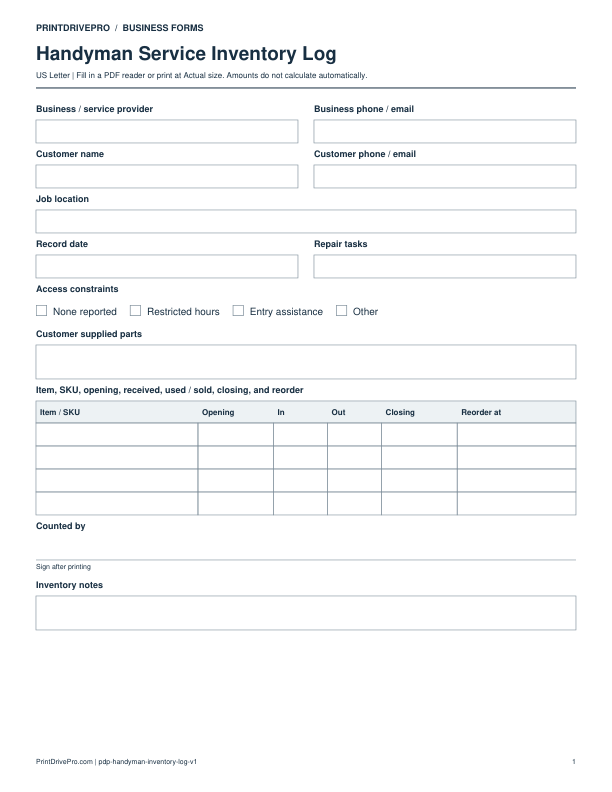 Preview of Handyman Service Inventory Log