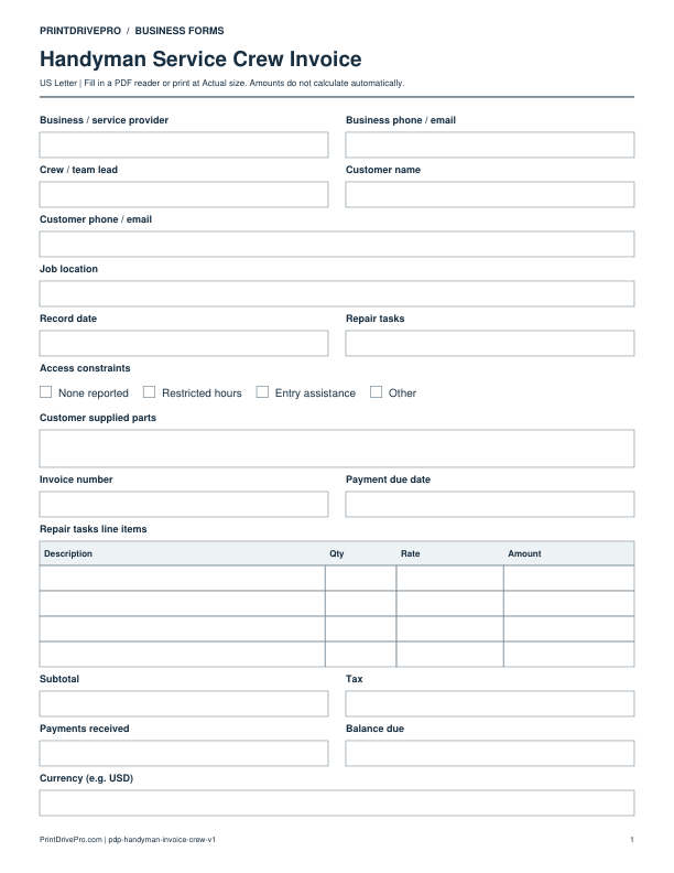 Preview of Handyman Service Crew Invoice