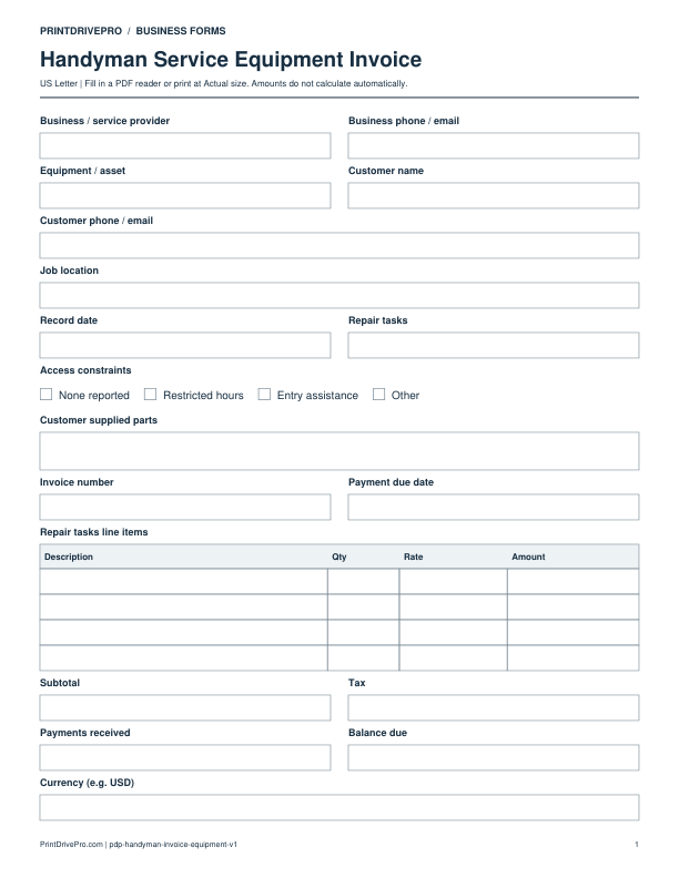 Preview of Handyman Service Equipment Invoice