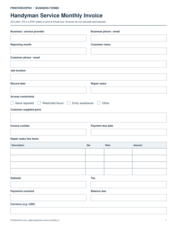 Preview of Handyman Service Monthly Invoice