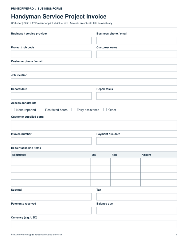 Preview of Handyman Service Project Invoice