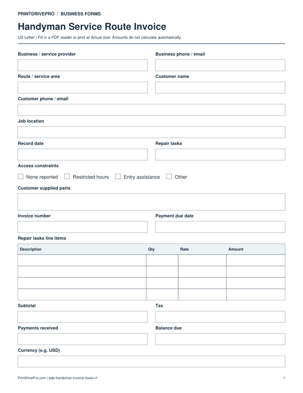 Preview of Handyman Service Route Invoice