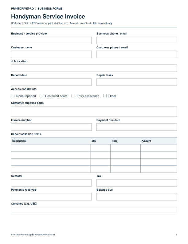 Preview of Handyman Service Invoice