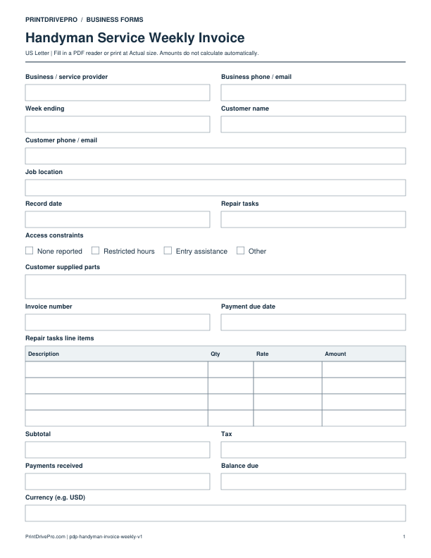 Preview of Handyman Service Weekly Invoice