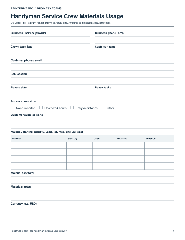 Preview of Handyman Service Crew Materials Usage