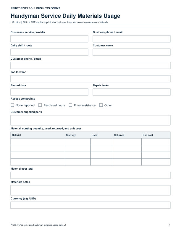 Preview of Handyman Service Daily Materials Usage