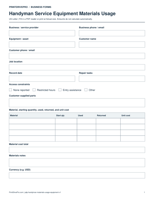 Preview of Handyman Service Equipment Materials Usage