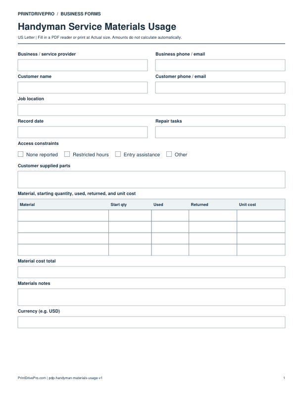 Preview of Handyman Service Materials Usage