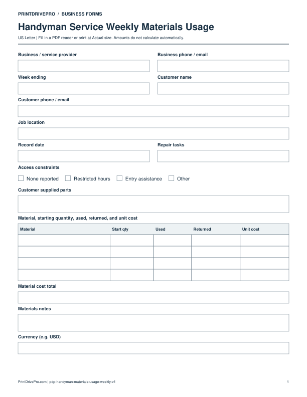 Preview of Handyman Service Weekly Materials Usage