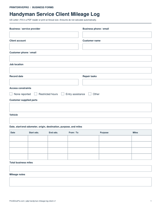 Preview of Handyman Service Client Mileage Log