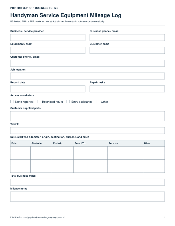 Preview of Handyman Service Equipment Mileage Log