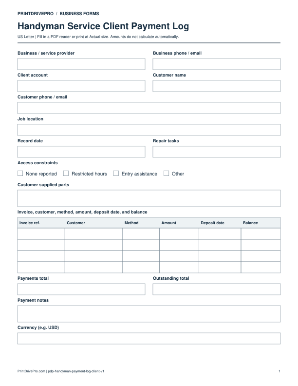 Preview of Handyman Service Client Payment Log