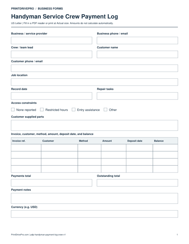 Preview of Handyman Service Crew Payment Log